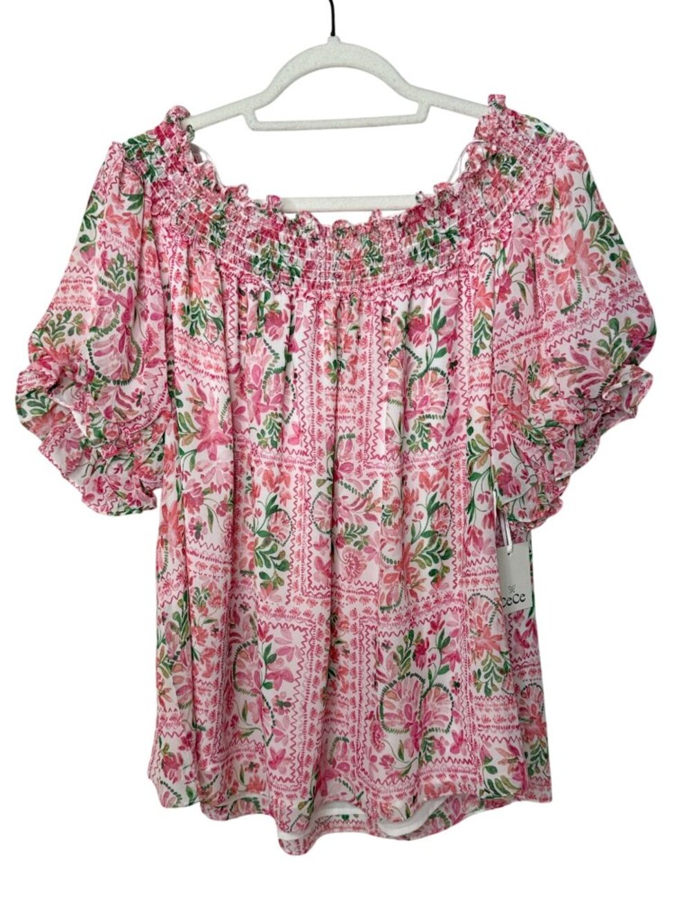 CeCe 2X Pink Floral Smocked Blouse Puff Sleeve Romantic Cottagecore Boho Resort